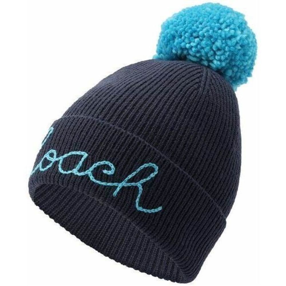 Coach Women's Script Logo Pom Pom Blue Beanie One Size - Picture 3 of 4